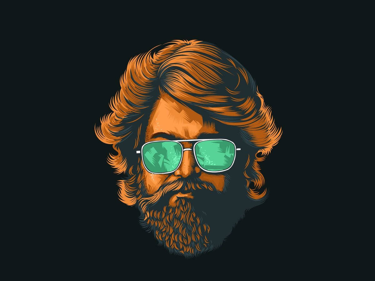 Indian 桌布 壁紙 — 一個風格化的插圖，描繪了一位留著鬍子、擁有捲曲橙色頭髮、戴著綠色太陽眼鏡的男子，背景為深色。