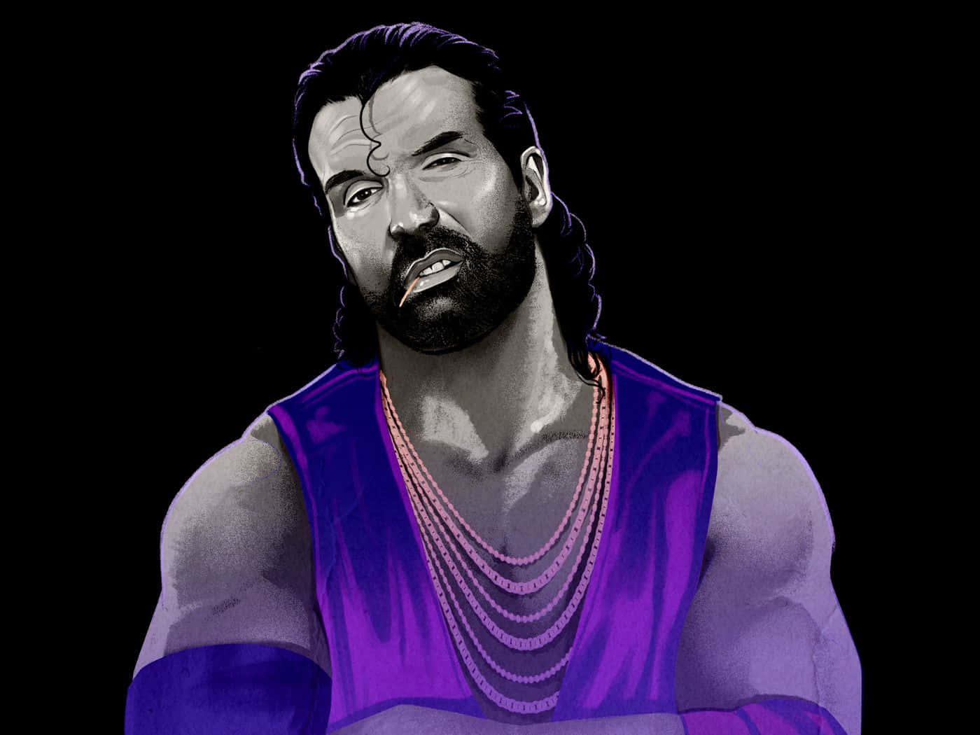 WWE 桌布 壁紙 — 一個風格化的插圖，描繪了一位留著長髮、蓄鬍鬚的男子，身穿紫色無袖上衣和層疊項鍊，背景為黑色。