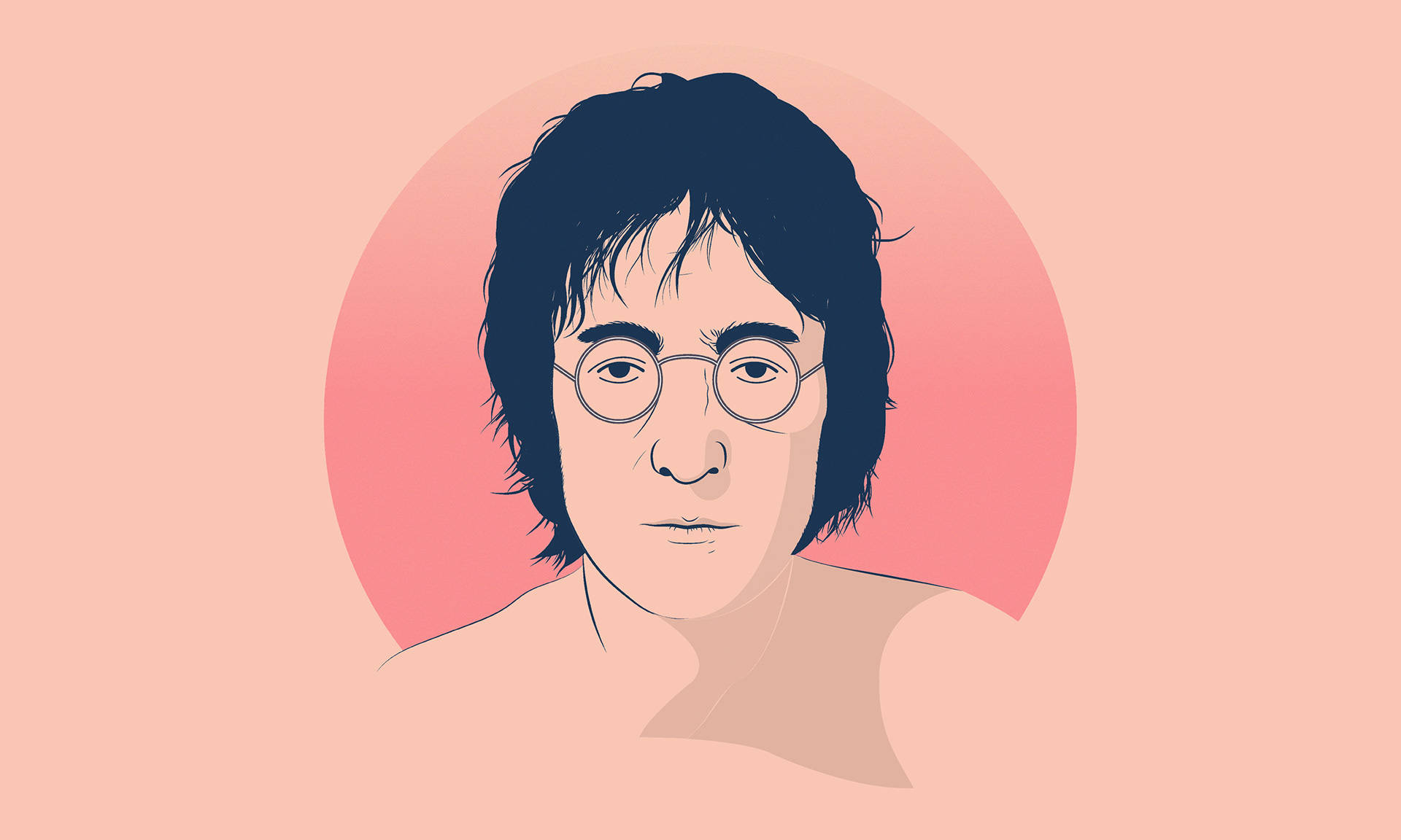 約翰·藍儂 桌布 壁紙 — 一個風格化的插圖，描繪了一位黑髮、戴圓框眼鏡的男子，背景是柔和的粉紅色圓形。