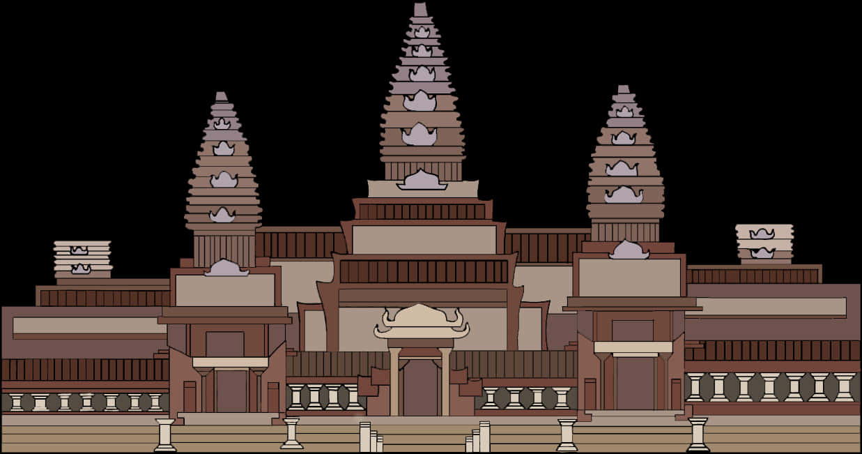 Hindu Temple 桌布 壁紙 — 一個風格化的插圖，描繪了一個分層的寺廟建築群，中央有三個尖頂，背景為黑色。