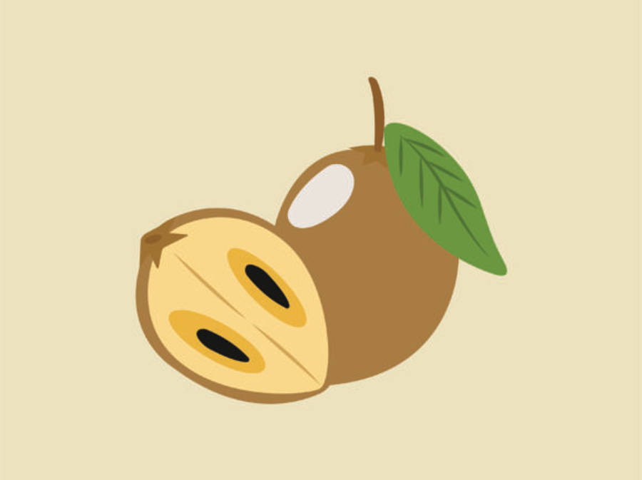 Fruits 桌布 壁紙 — 一個風格化的插圖，描繪了一個完整和切開的棕色水果，帶有兩粒種子和一片綠葉，背景為米色。