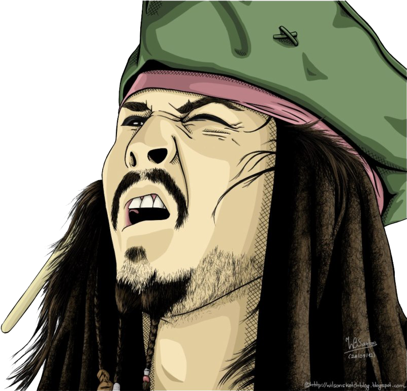 傑克·史派羅 桌布 壁紙 — 一個風格化的插圖，描繪了一個戴著綠色帽子和辮子的海盜，帶著強烈的面部表情尖叫。