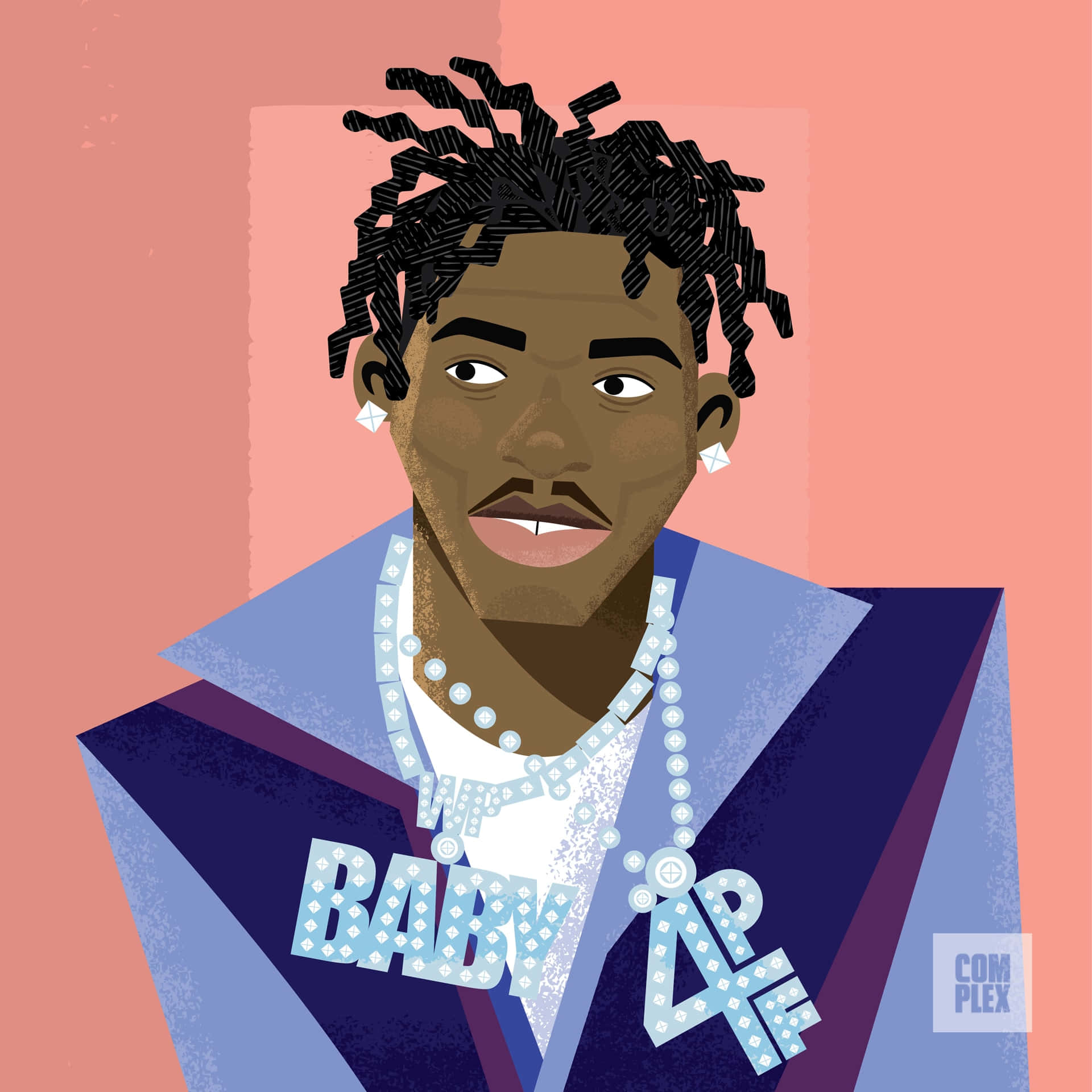 Lil Baby Cartoon 桌布 壁紙 — 一個風格化的插圖，描繪了一個捲髮男子穿著藍色外套和鑽石首飾，背景為粉紅色。