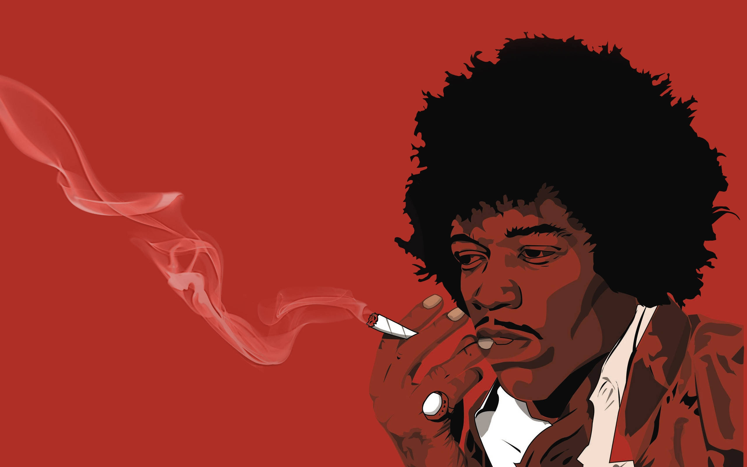 Celebrity 桌布 壁紙 — 一個風格化的插圖，描繪了一個留著爆炸頭的男人在純紅色背景上抽煙，煙霧繚繞。