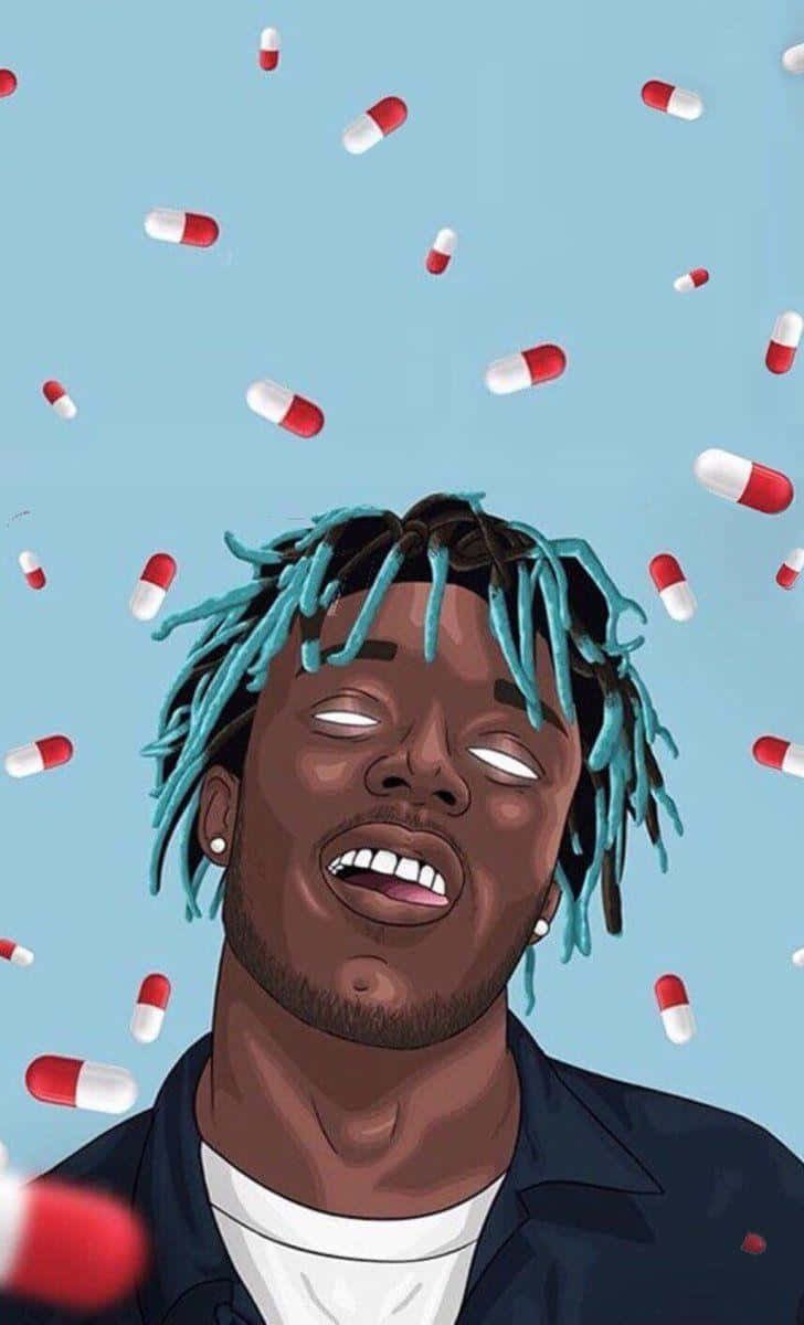 Lil Uzi Cartoon 桌布 壁紙 — 一個風格化的插圖，描繪了一個留著藍色辮子的男人微笑著，紅色和白色的藥丸像雨一樣落在他周圍，背景是淺藍色。