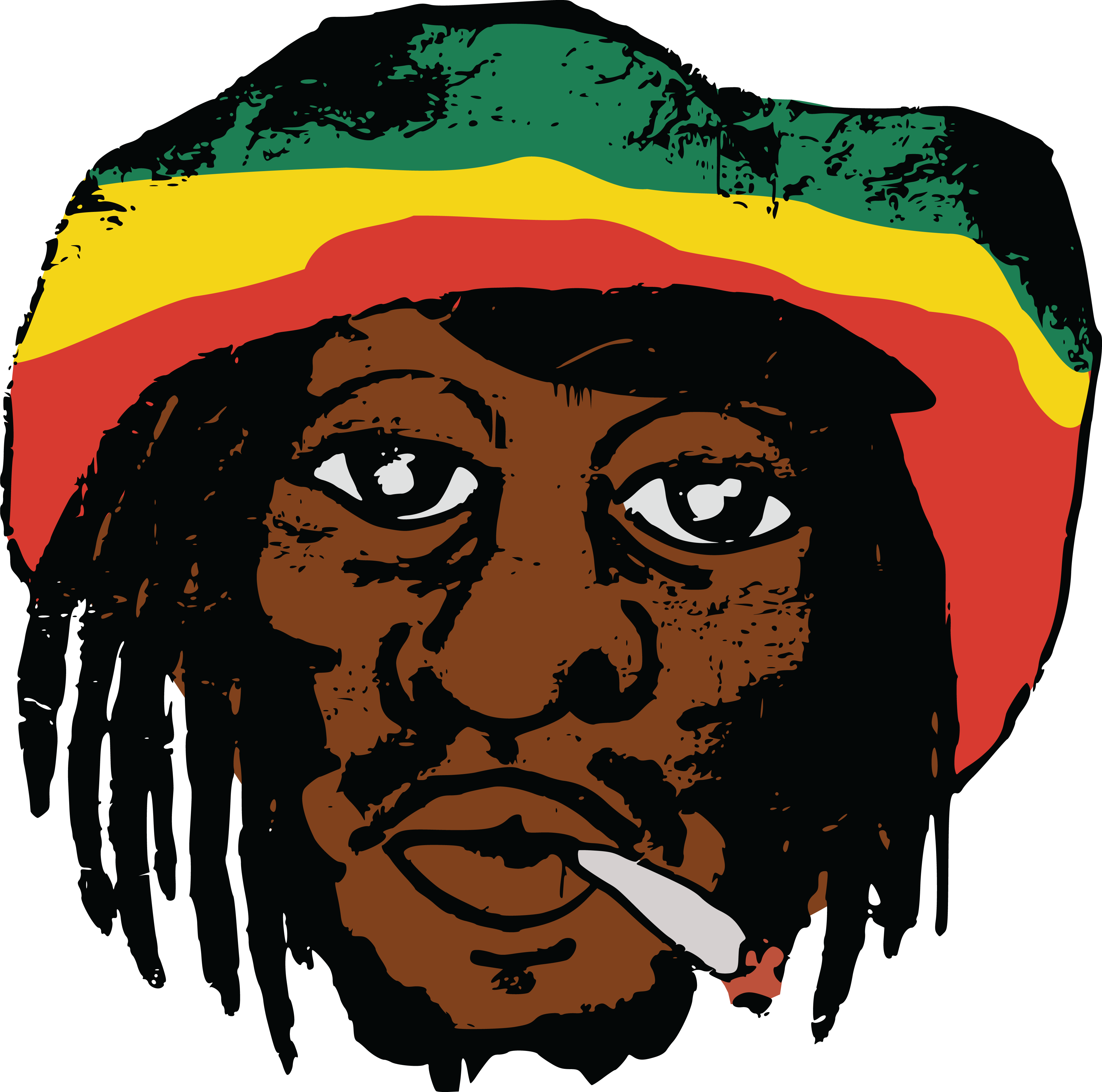 Bob Marley 桌布 壁紙 — 一個風格化的插圖，描繪了一個留著辮子、戴著拉斯塔法里帽、在黑色背景前抽煙的男人。