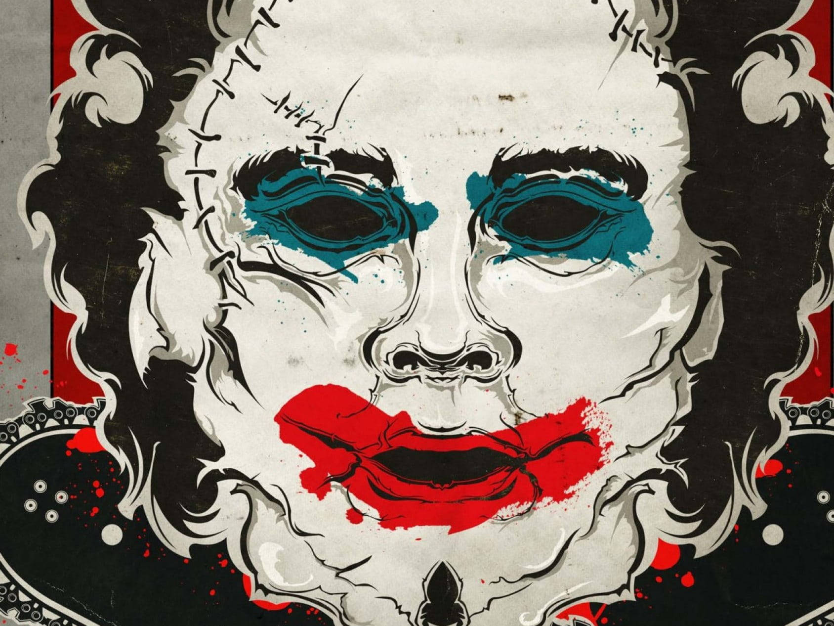 皮臉殺手 桌布 壁紙 — 一個風格化的插圖，描繪了一個縫合的臉，帶有藍綠色眼妝和鮮豔的紅唇，背景是深色華麗的。