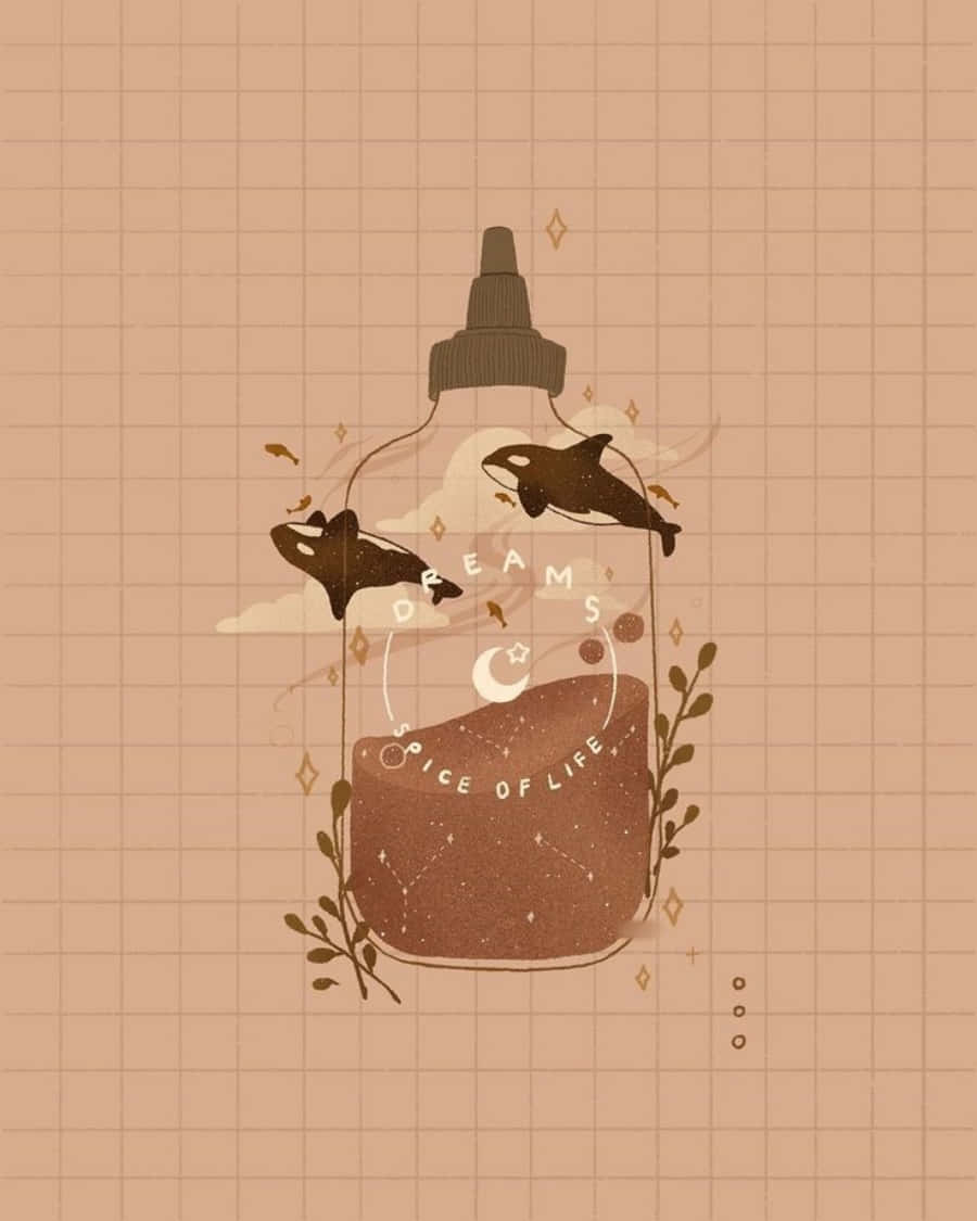 海豚 桌布 壁紙 — 一個風格化的插圖，描繪了一個裝滿棕色液體的瓶子，以及虎鯨在網格背景上躍過瓶子上方。