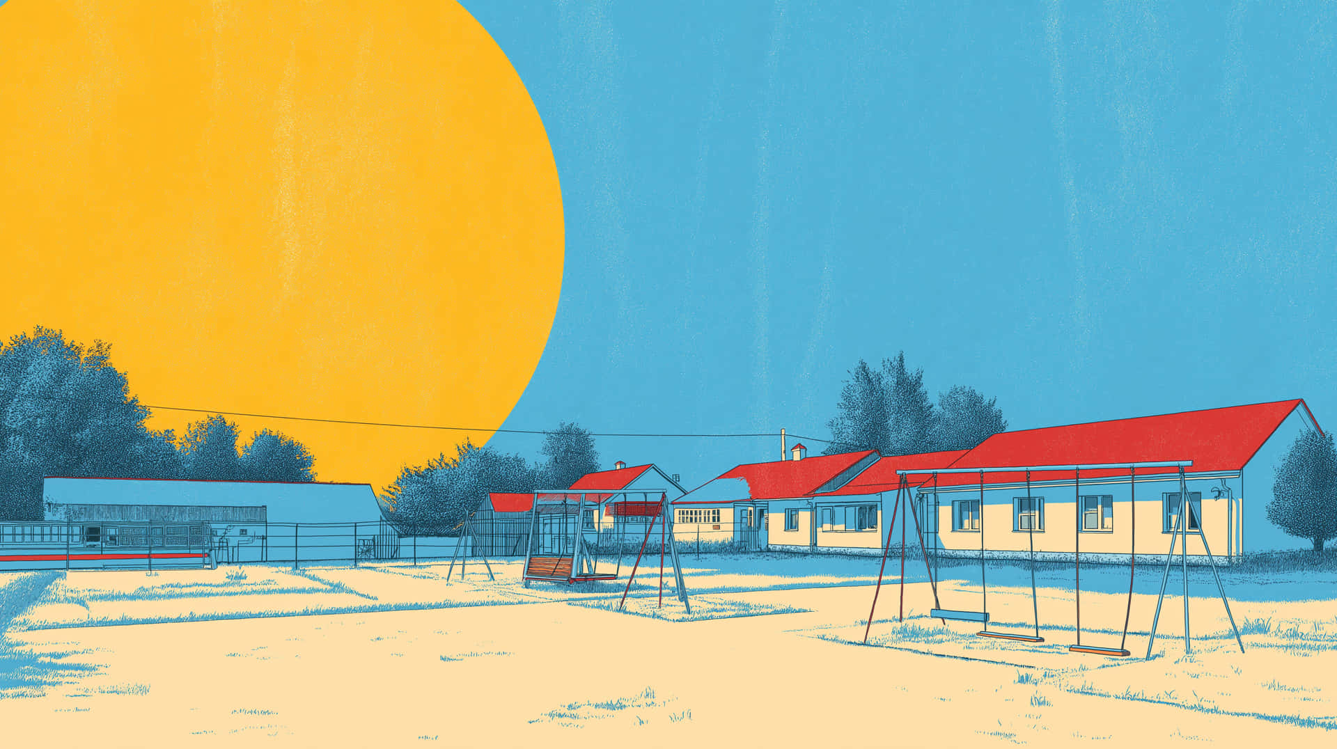 Bold Illustration of Sunny Soviet Era Playground 壁紙 — 一個風格化的插圖，描繪了一個遊樂場，內有鞦韆和紅頂建築，在藍天下有一個巨大的黃色太陽。