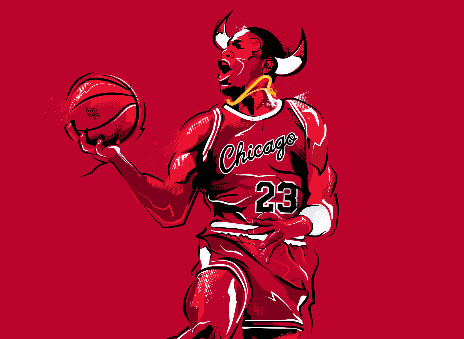 Chicago Bulls 桌布 壁紙 — 一個風格化的插圖，描繪了一名身穿芝加哥公牛隊球衣、帶有公牛角的籃球運動員，背景為純紅色。