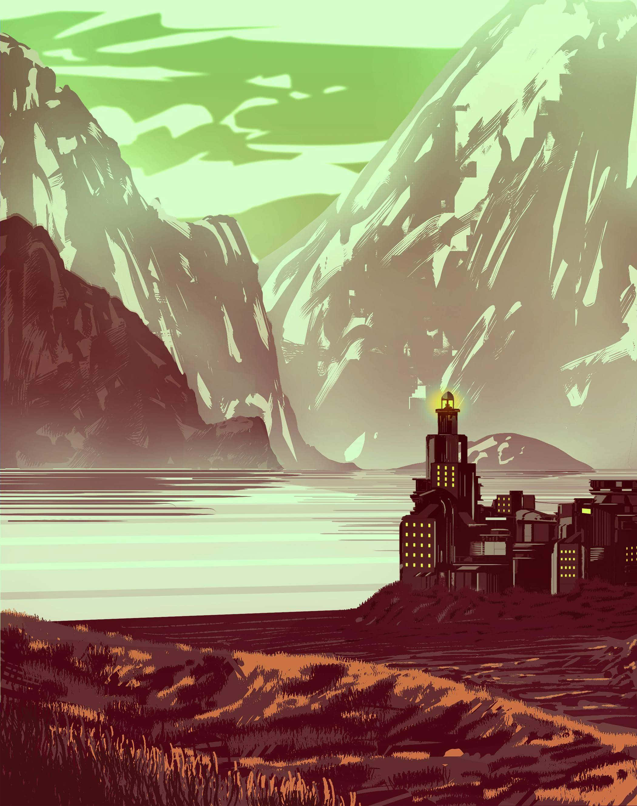 Lighthouse 桌布 壁紙 — 一個風格化的插圖，描繪了一座孤獨的城市坐落在峽谷中，旁邊是平靜的湖泊，上方是綠色的天空。