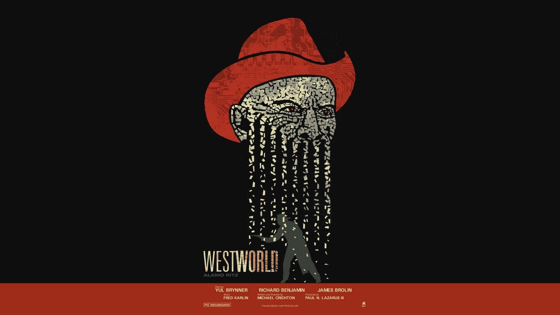 Westworld 桌布 壁紙 — 一個風格化的插圖，描繪了一頂帶有電路板圖案和黑色背景上落下數位雨效果的牛仔帽。