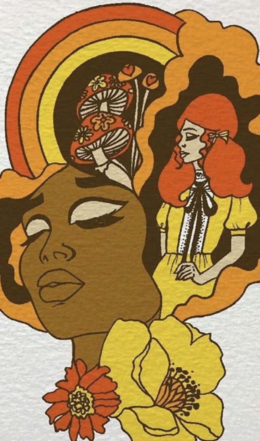 Psychedelic 70s Aesthetic 桌布 壁紙 — 一個風格化的插圖，描繪了兩位女性，她們擁有飄逸的頭髮和花卉圖案，位於彩虹拱門下。