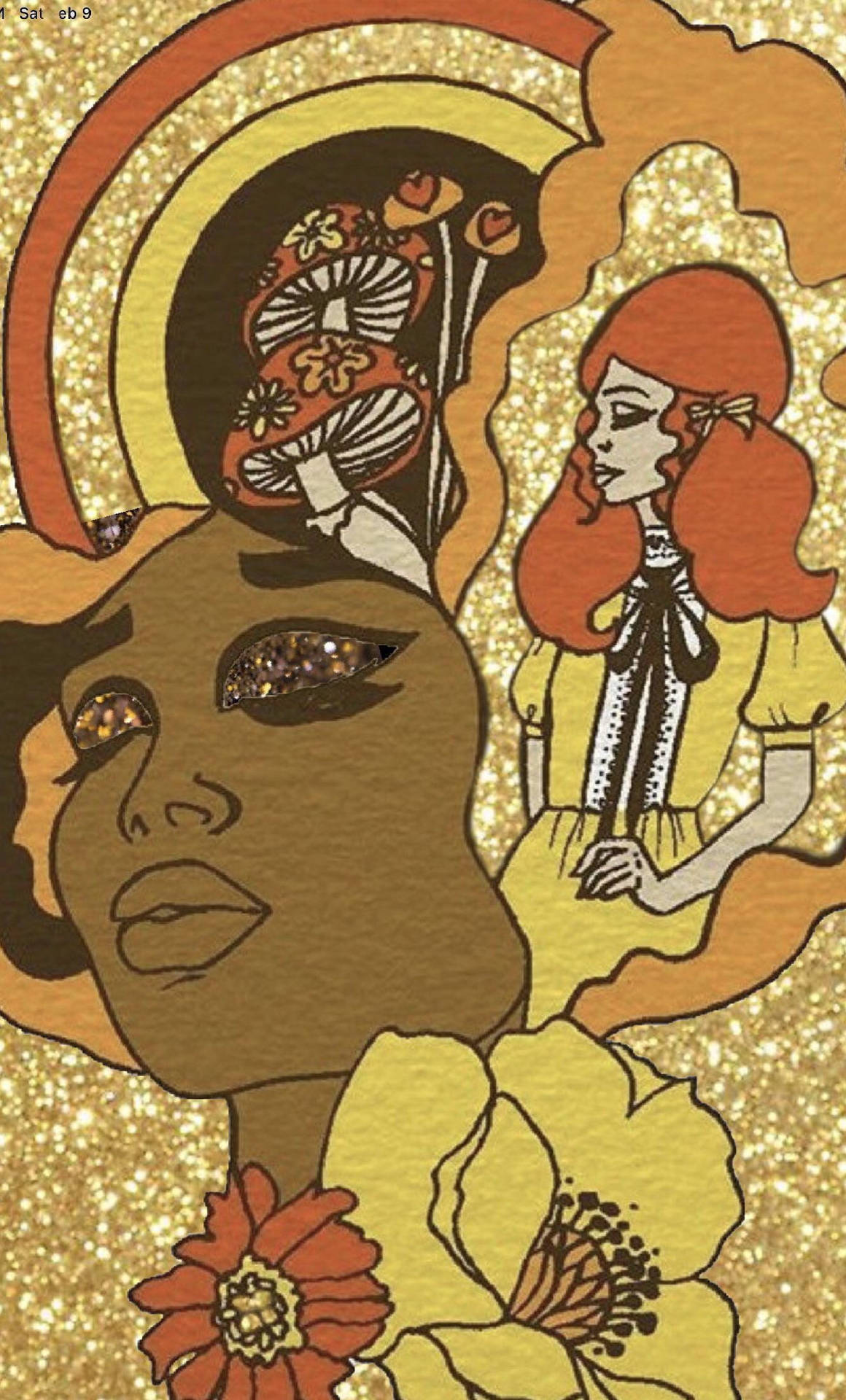 Hippie Aesthetic 桌布 壁紙 — 一個風格化的插圖，描繪了兩位女性，她們擁有飄逸的頭髮和花卉圖案，背景是閃爍的金色。