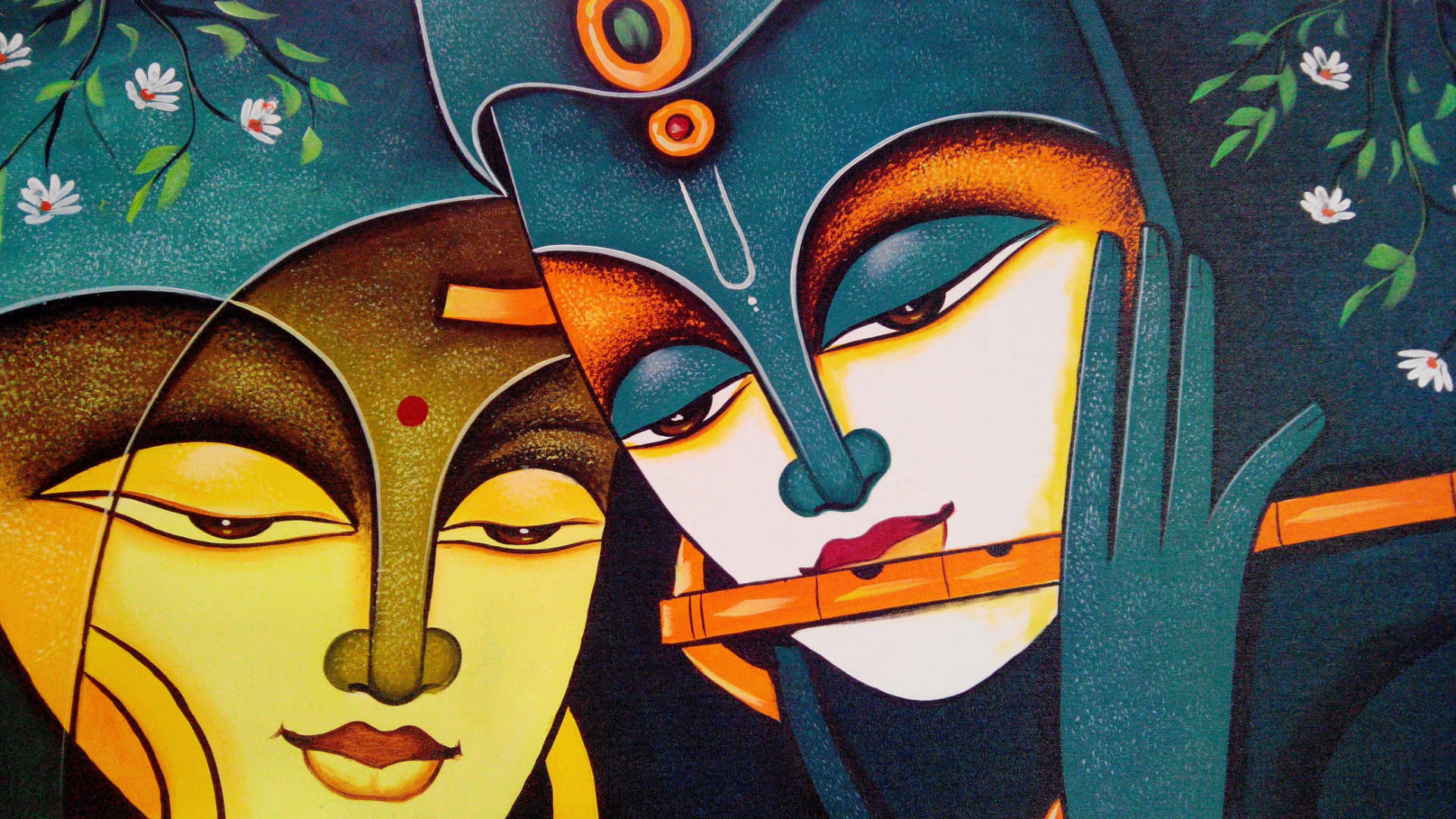 Krishna Desktop 桌布 壁紙 — 一個風格化的插圖，描繪了兩個寧靜的臉孔，其中一個正在吹奏長笛，並以花朵和鮮豔色彩點綴。