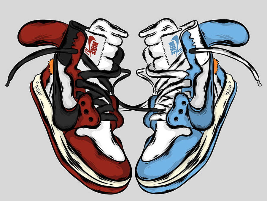 Air Jordan 桌布 壁紙 — 一個風格化的插圖，描繪了兩雙高筒運動鞋，一雙紅色和一雙藍色，帶有粗線條和對比色，背景為純灰色。