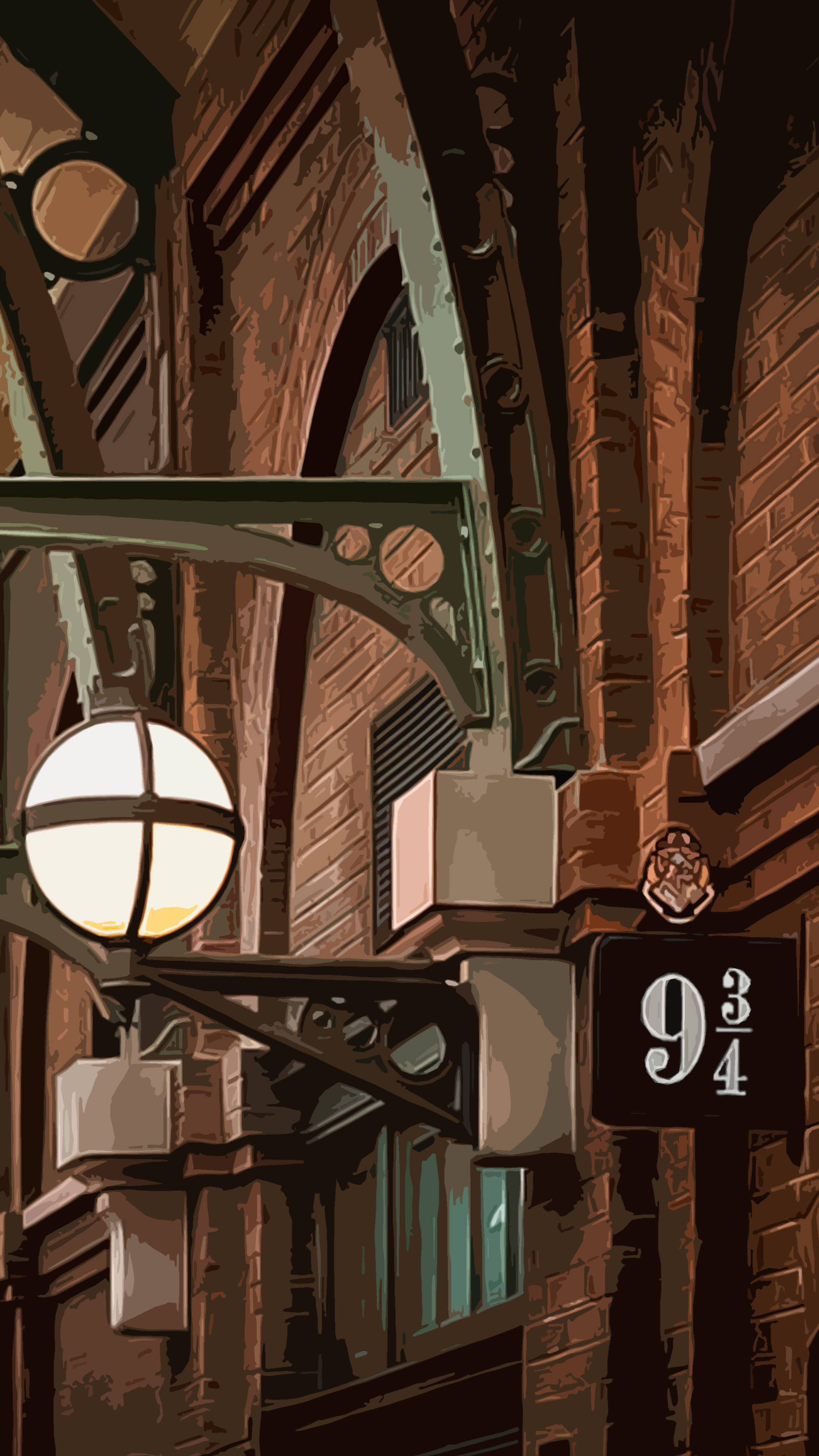 Hogwarts Aesthetic 桌布 壁紙 — 一個風格化的插圖，描繪了帶有發光燈籠的9 3/4月台標誌，背景是磚砌建築。