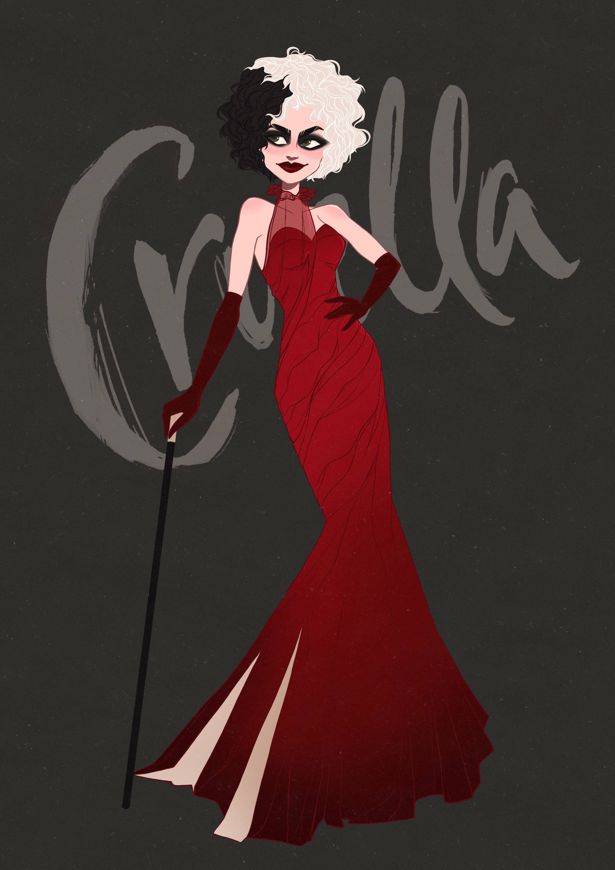 Cruella 桌布 壁紙 — 一個風格化的插圖，描繪了庫伊拉·德·維爾穿著紅色長裙，手持手杖，背景為深灰色，她的名字寫在身後。