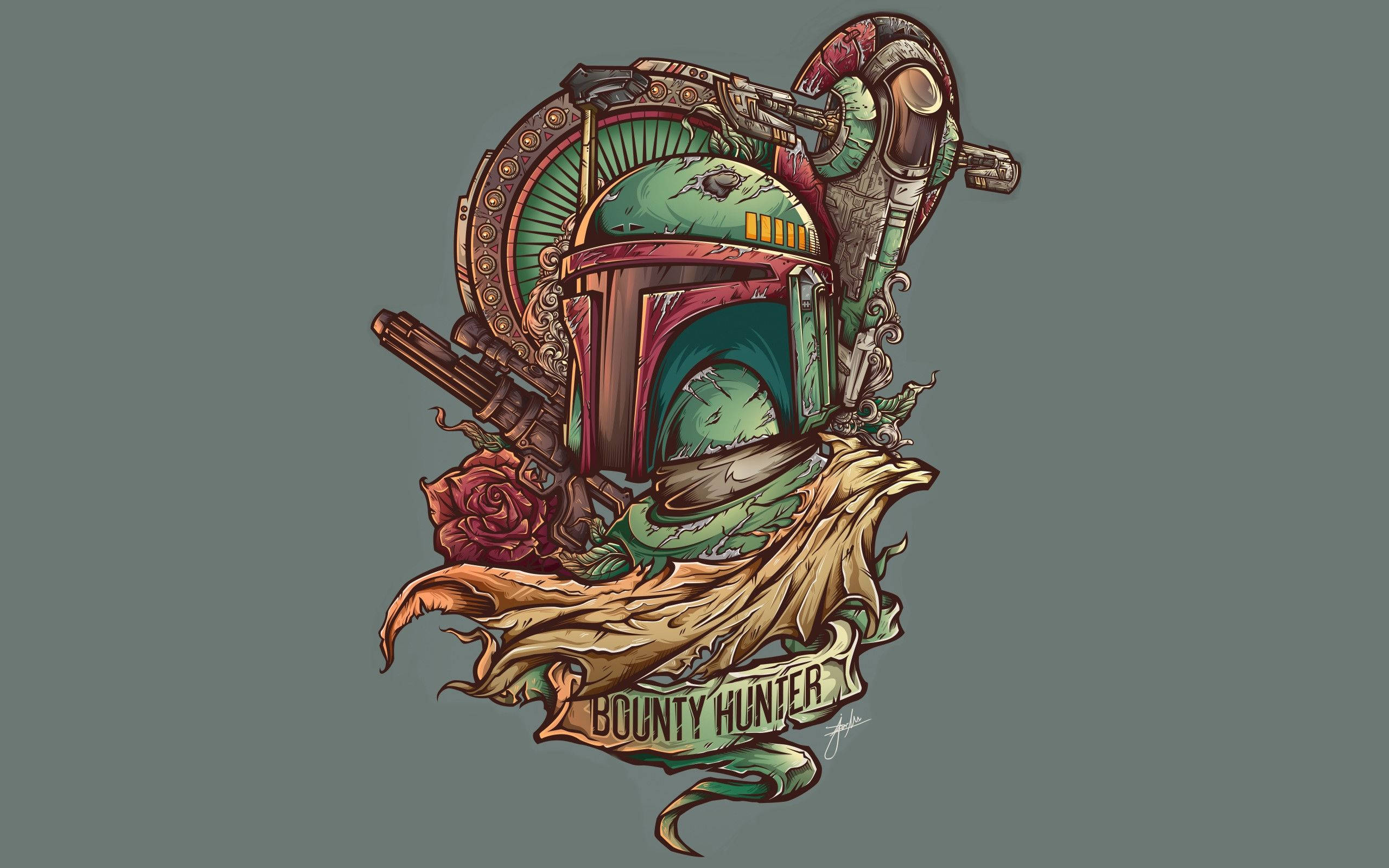 Boba 桌布 壁紙 — 一個風格化的插圖，描繪了波巴·費特的頭盔，裝飾著武器玫瑰和一個寫著賞金獵人的橫幅。