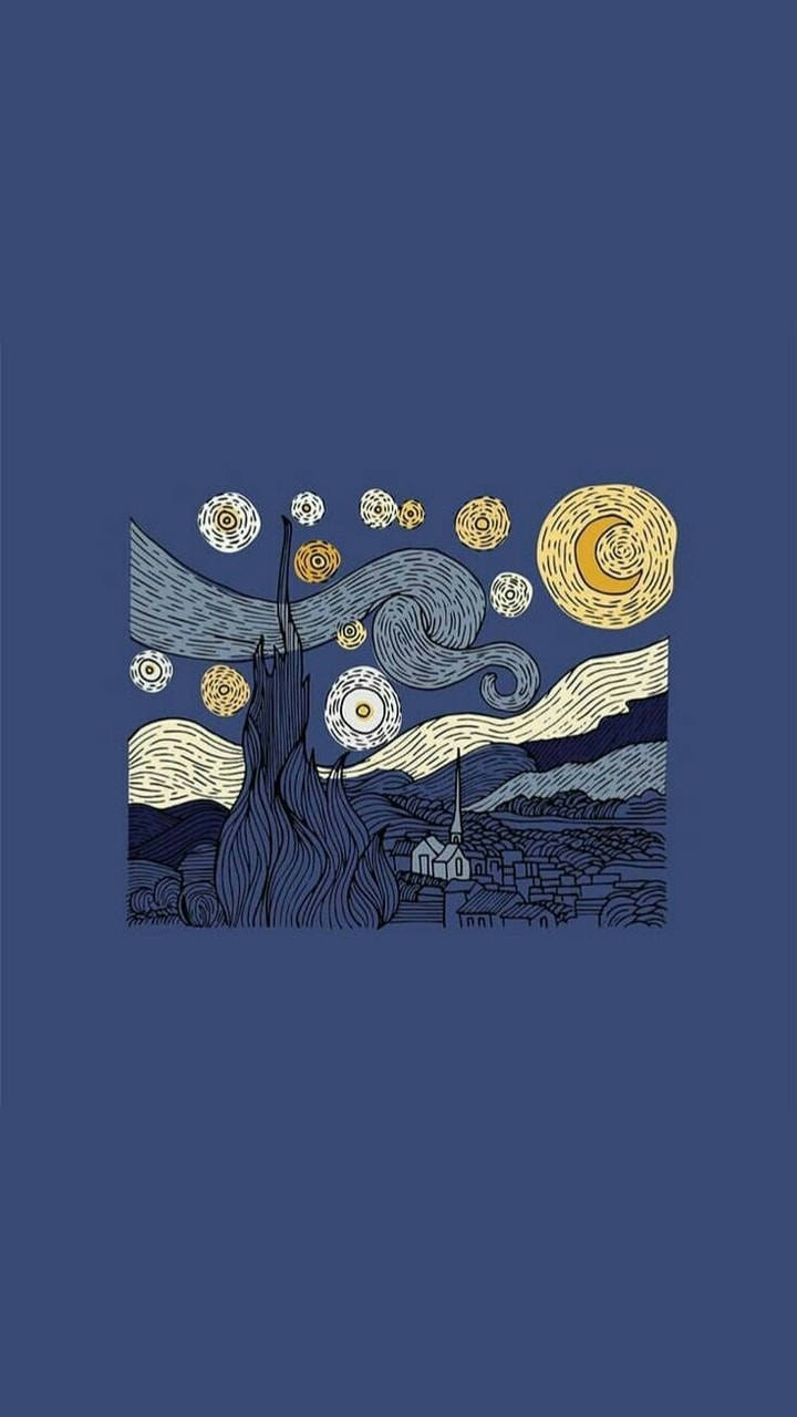 Vincent 桌布 壁紙 — 一個風格化的插圖，描繪了漩渦狀的夜空，帶有新月和星星，位於村莊和柏樹之上。