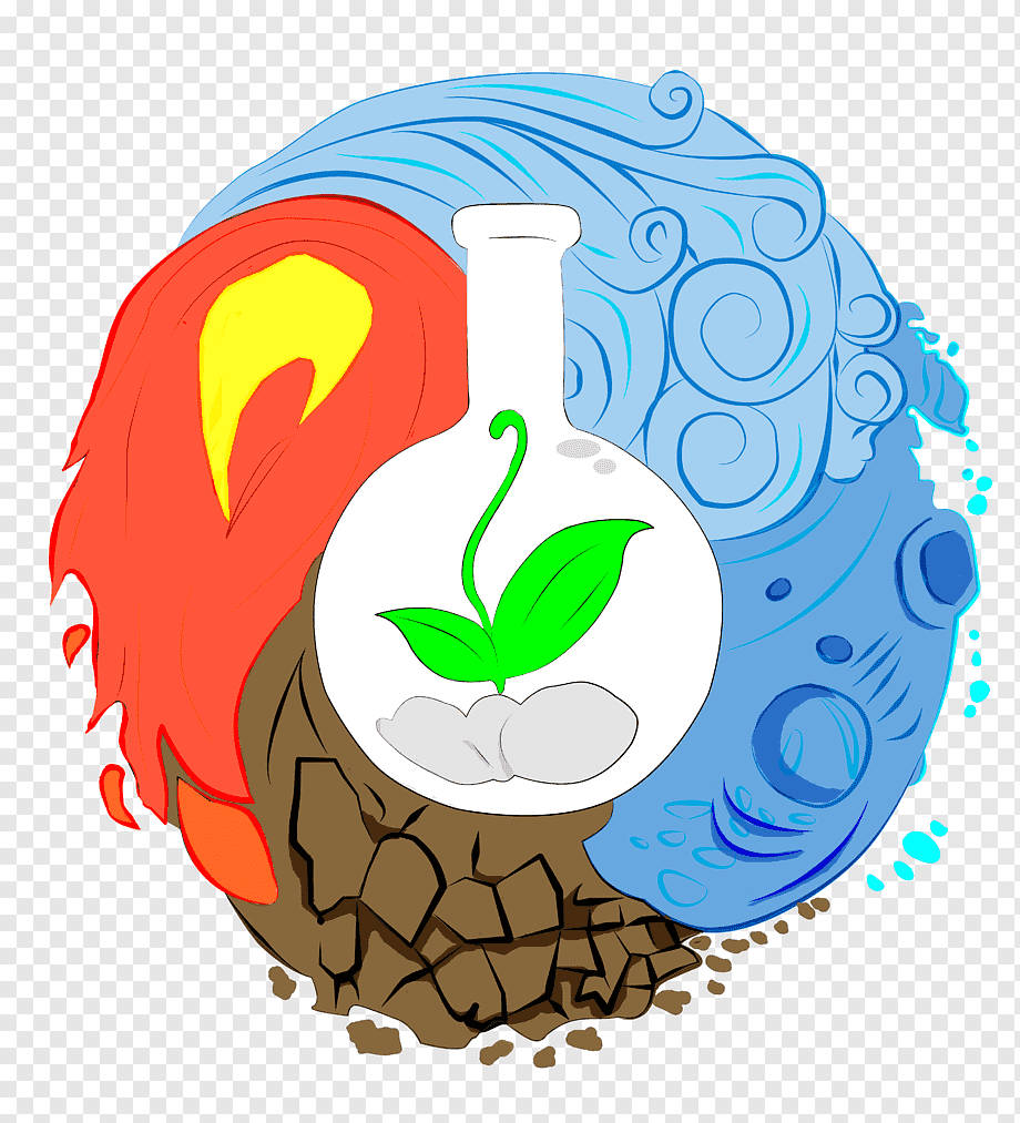 Wind 桌布 壁紙 — 一個風格化的插圖，描繪了燒瓶中的綠色嫩芽，周圍環繞著旋轉的火、土、水和空氣元素。