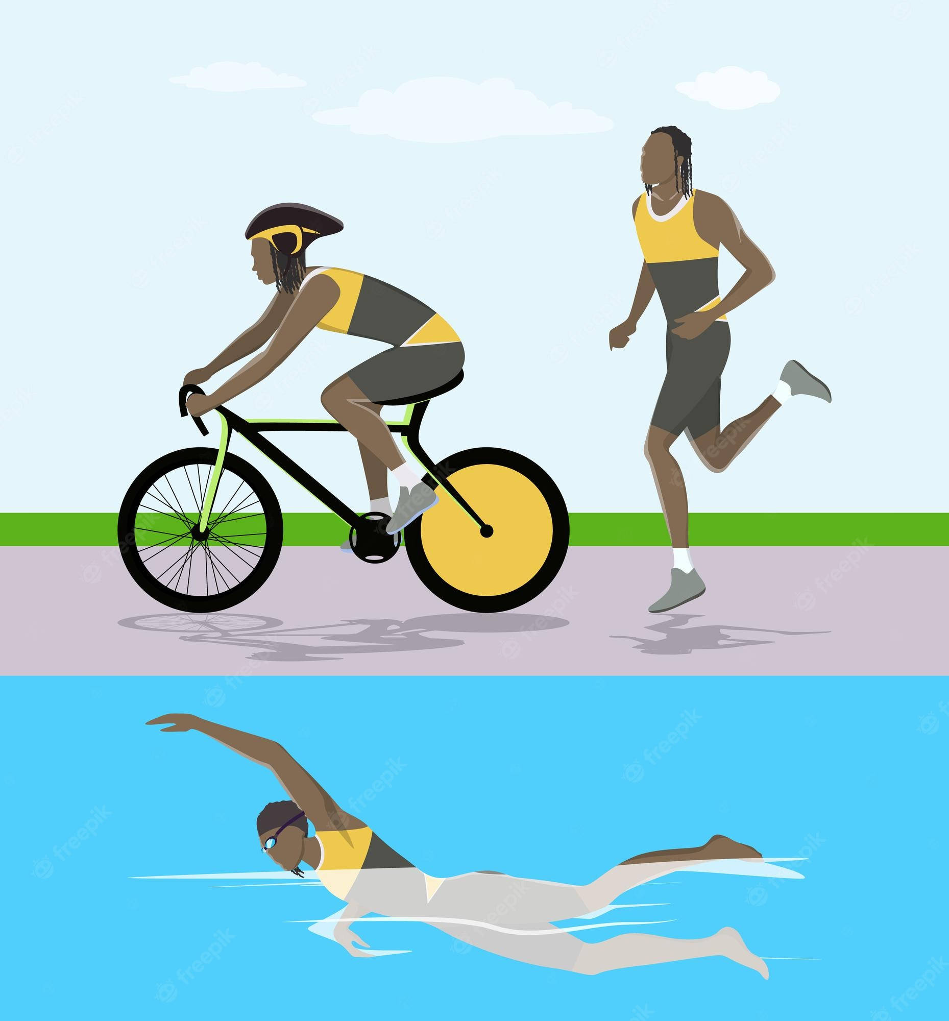 Olympics 桌布 壁紙 — 一個風格化的插圖，描繪了自行車手、跑步者和游泳者在三個不同的運動場景中移動。