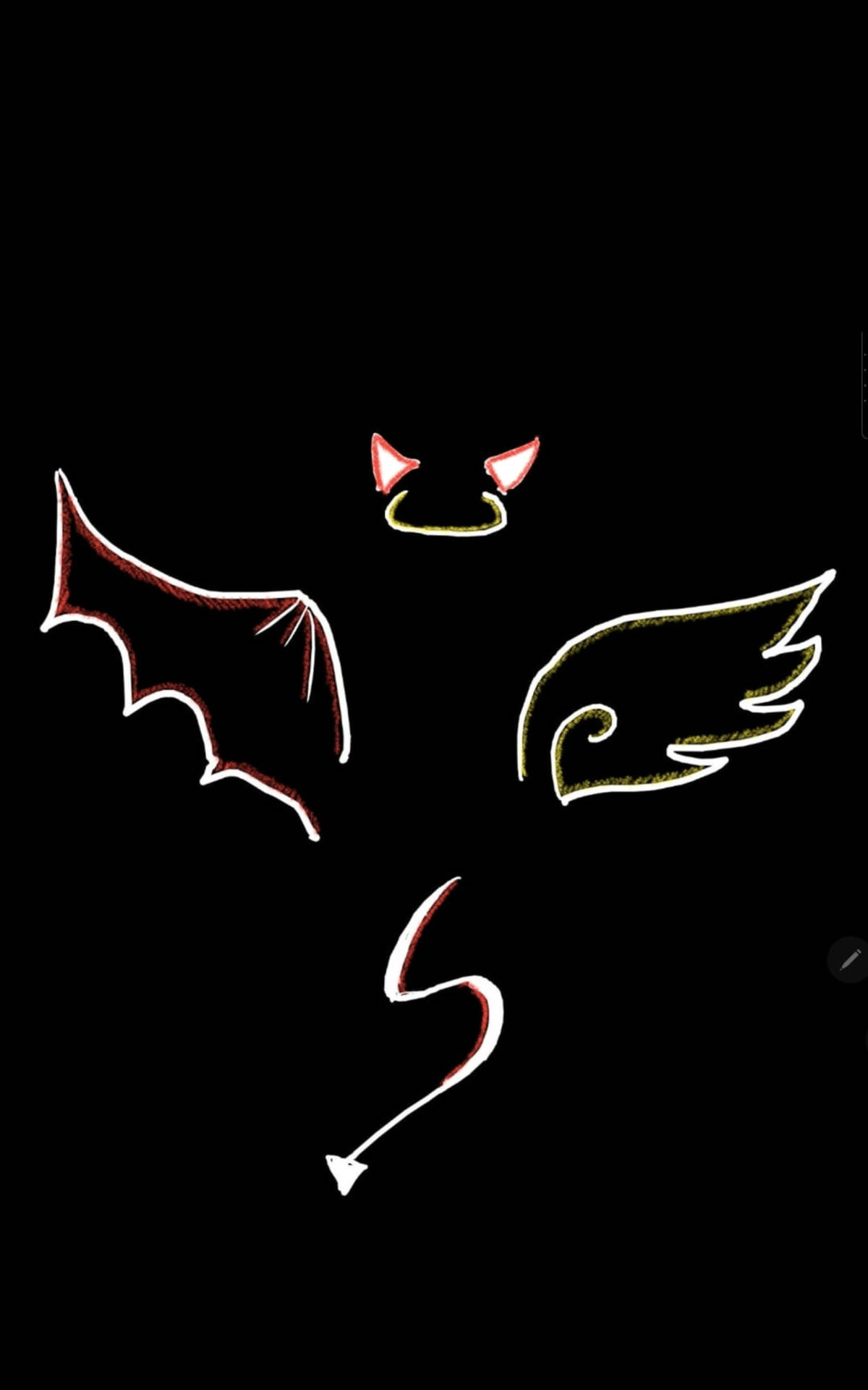 惡魔 桌布 壁紙 — 一個風格化的插圖，描繪了魔鬼角、蝙蝠翼、天使翼和一個彎曲的箭頭，背景為黑色。
