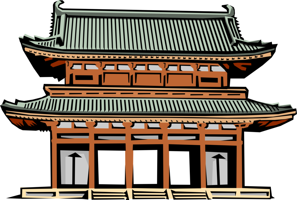 廟宇 桌布 壁紙 — 一個風格化的插圖，描繪傳統日本大門，具有分層屋頂和木樑，背景為黑色。