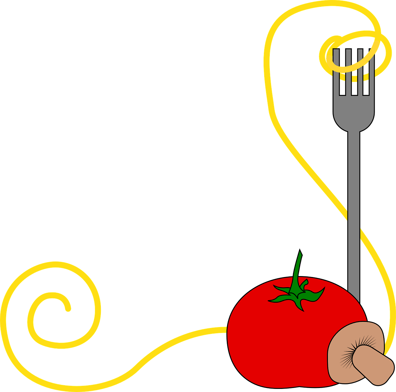 義大利麵 桌布 壁紙 — 一個風格化的插圖，描繪叉子、義大利麵、番茄和蘑菇在黑色背景上。