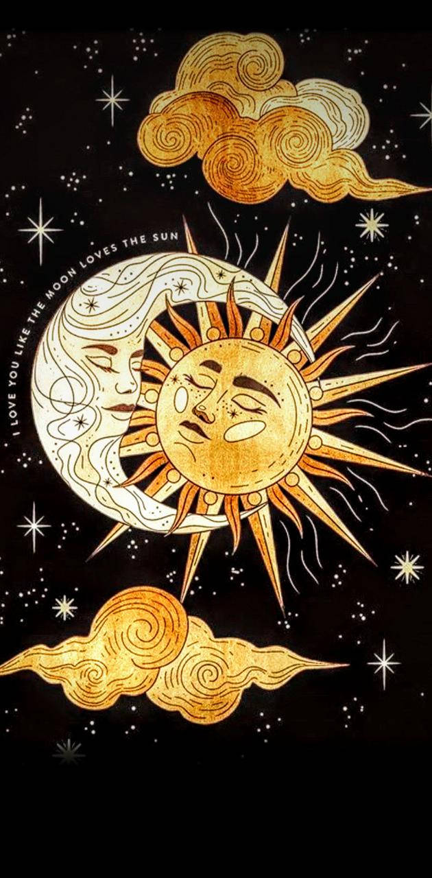 Sun And Moon 桌布 壁紙 — 一個風格化的插圖，描繪微笑的太陽和月亮在金色雲朵下擁抱，背景是繁星點點的夜空。