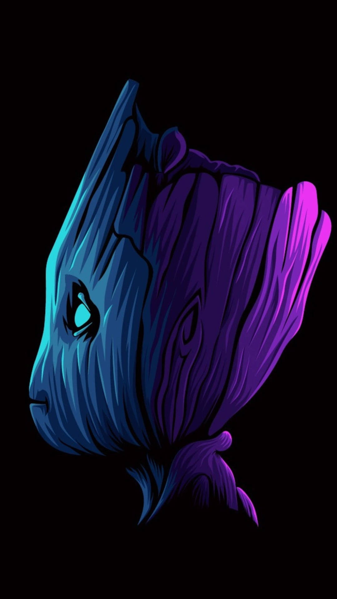 格魯特在黑色背景上散發出藍色和紫色光芒的臉。 — 格魯特 GIF 壁紙