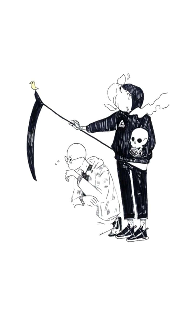 桌布 壁紙 — 一個風格化的插圖，描繪死神手持鐮刀，鐮刀上棲息著一隻鳥，站在一個蜷縮的人上方。