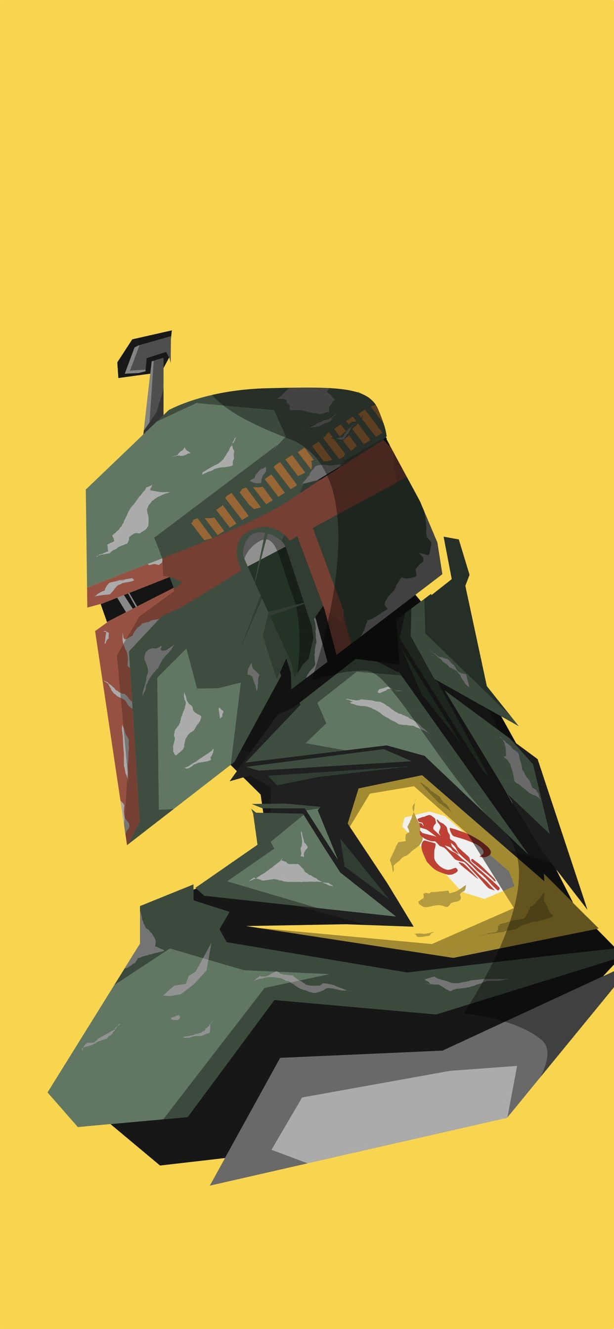 Boba Fett 桌布 壁紙 — 一個風格化的插圖，描繪波巴·費特的頭盔和軀幹，背景為純黃色。