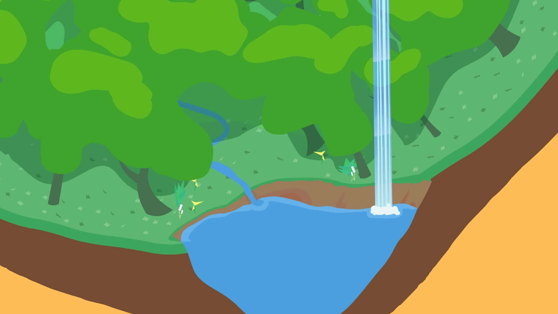 Bfdi 桌布 壁紙 — 一個風格化的插圖，描繪瀑布傾瀉入藍色水池，周圍環繞著茂密的綠樹和棕色土地。