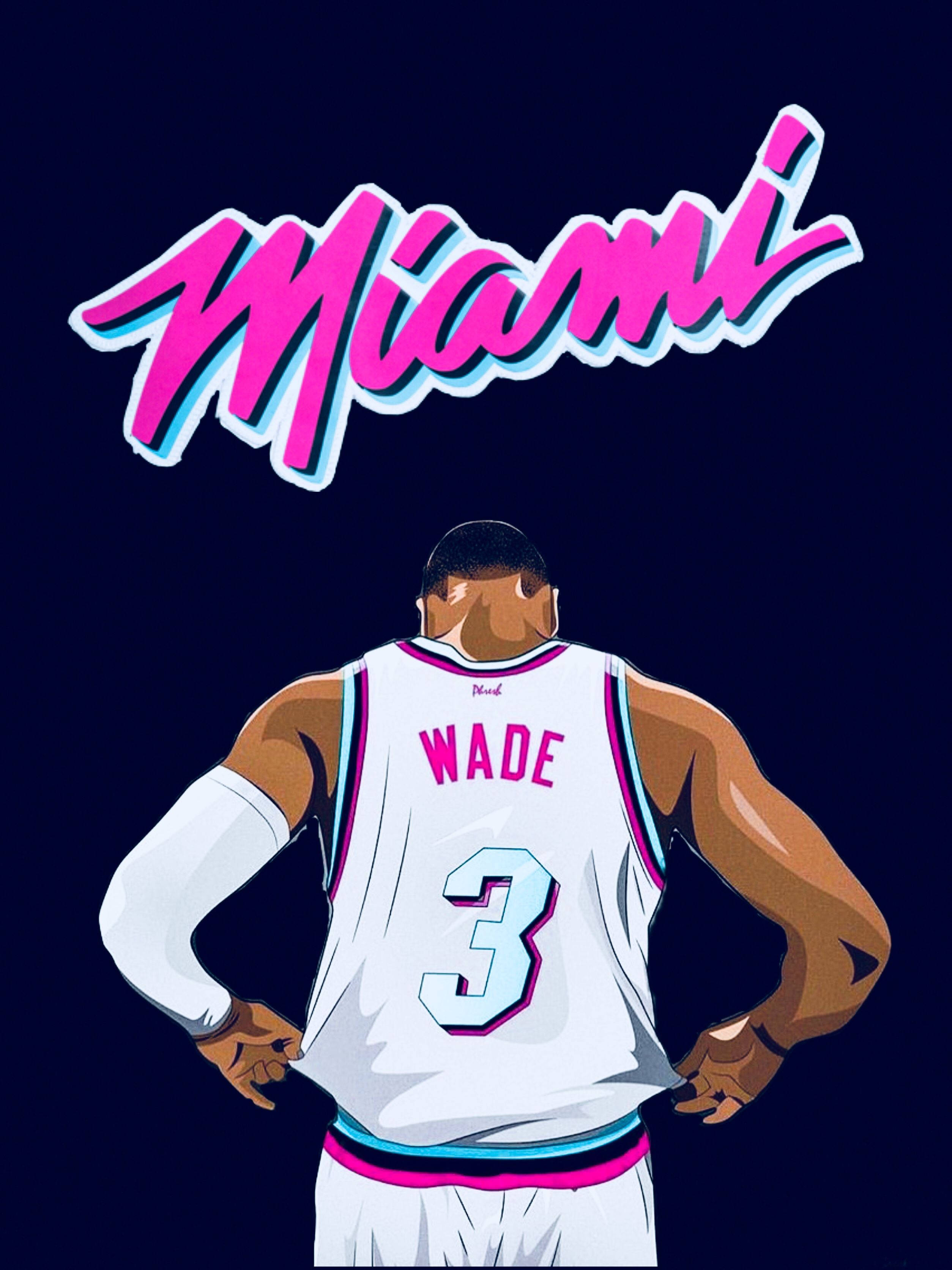 NBA 桌布 壁紙 — 一個風格化的插圖，描繪籃球運動員韋德身穿邁阿密球衣，雙手叉腰站在深色背景前。