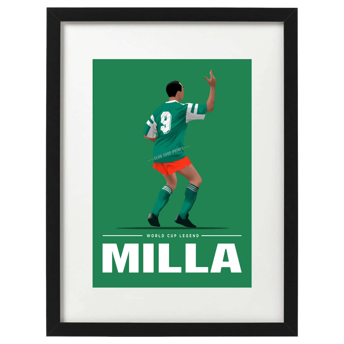 Football Players 桌布 壁紙 — 一個風格化的插圖，描繪足球員米拉身穿綠色球衣，號碼9，在純綠色背景前慶祝。