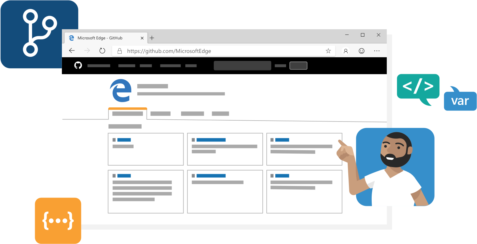 microsoft 桌布 壁紙 — 一個風格化的插圖，顯示開發人員指向 Microsoft Edge 的 GitHub 頁面，周圍漂浮著編碼符號。