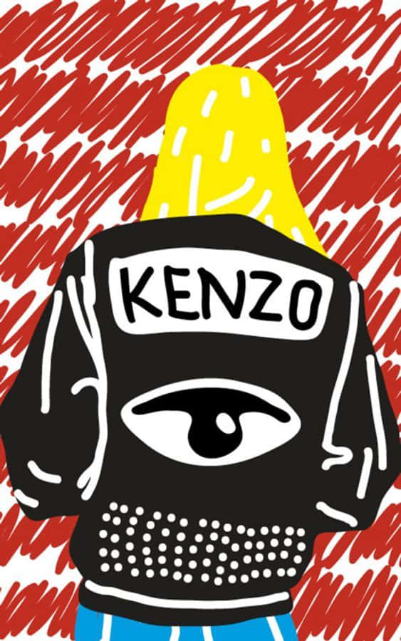 Paint Art 桌布 壁紙 — 一個風格化的插圖，黑色連帽衫上有一個大眼睛和'KENZO'文字，背景是紅色塗鴉。