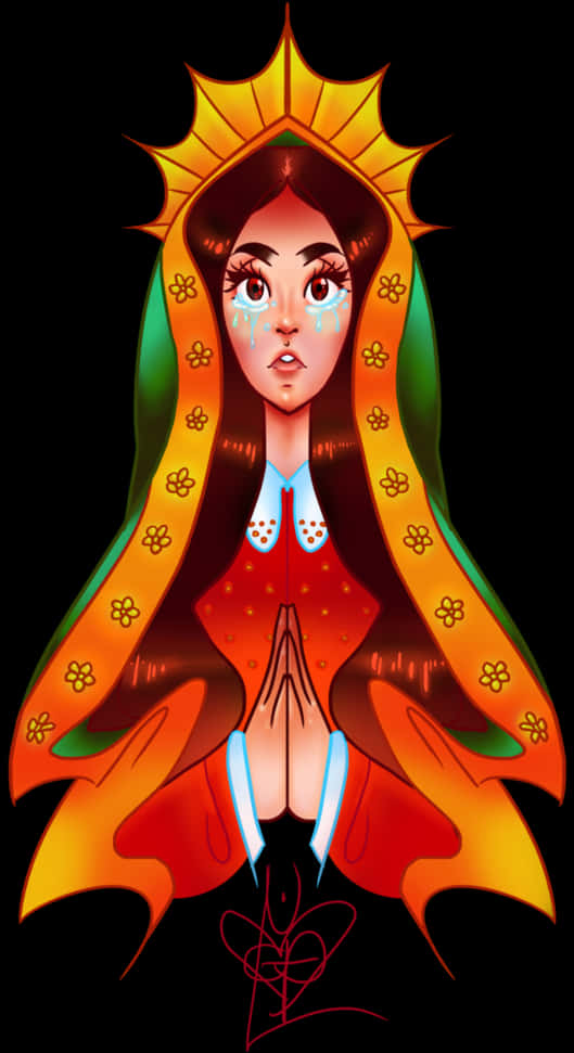 Virgin Mary 桌布 壁紙 — 一個風格化的插圖人物，帶有燦爛的太陽光環和花卉圖案長袍，在黑色背景下祈禱，淚水從臉上流下。