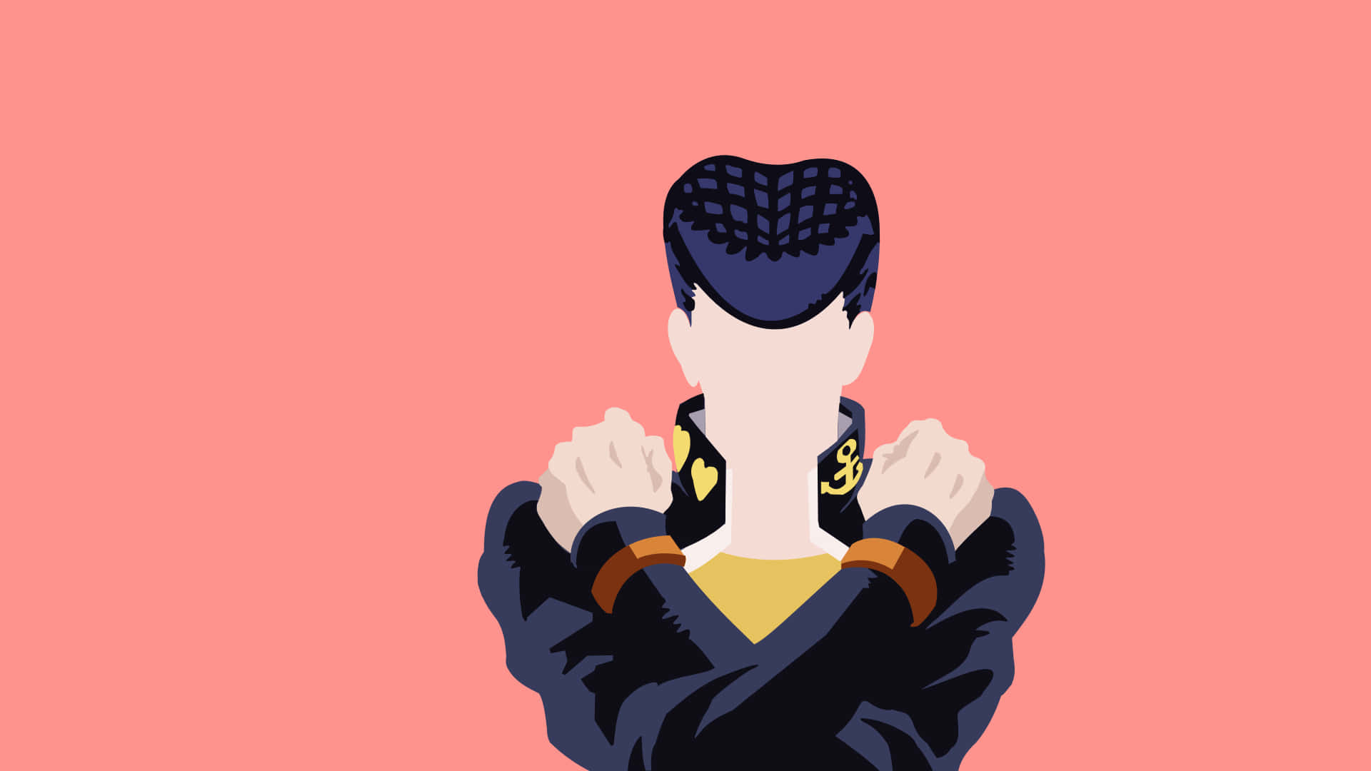 Josuke Higashikata 桌布 壁紙 — 一個風格化的插圖人物，戴著格紋帽和穿著格紋外套，在純珊瑚色背景前拉開衣領。
