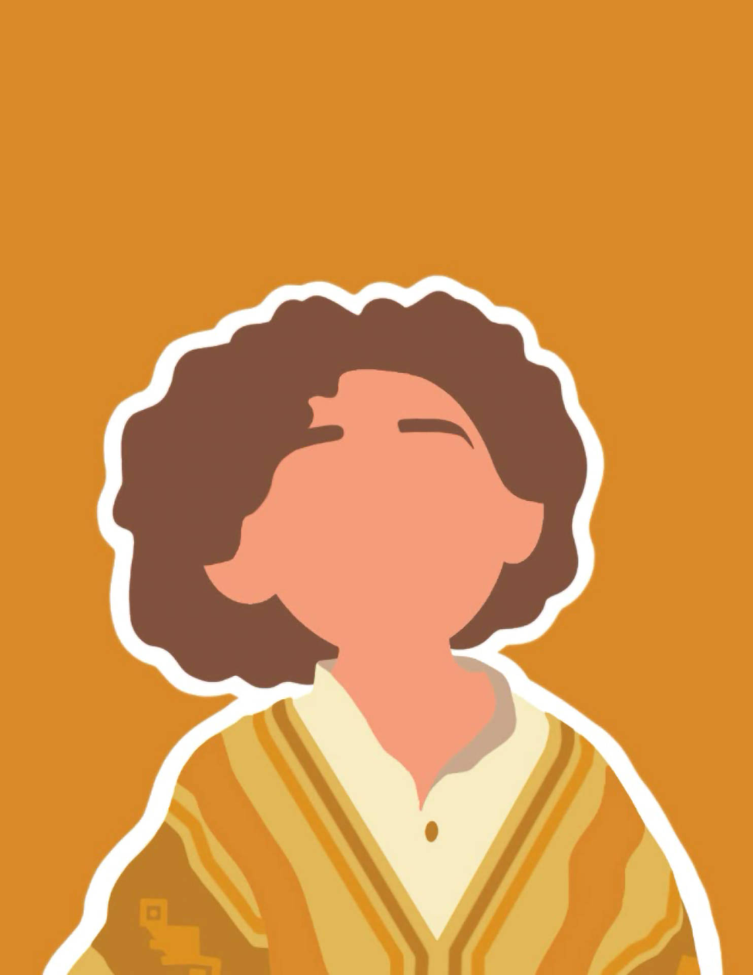 Camilo 桌布 壁紙 — 一個風格化的插圖人物，擁有棕色捲髮和圖案上衣，背景為純橙色。