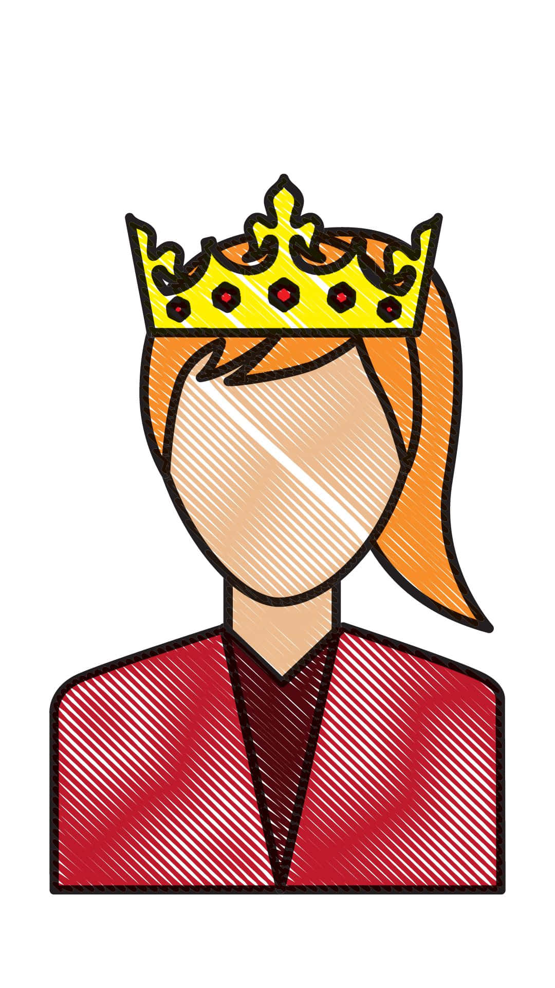 Cute Queen 桌布 壁紙 — 一個風格化的插圖人物，橙色頭髮，戴著鑲有紅色寶石的黃色皇冠，身穿紅色外套。