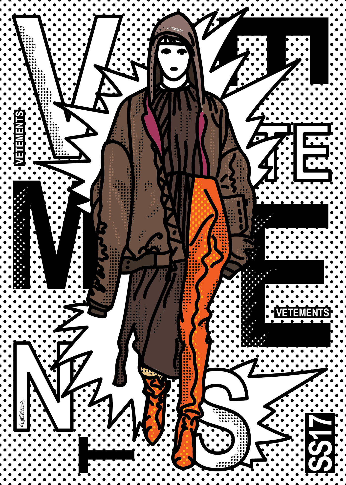 Vetements 桌布 壁紙 — 一個風格化的插圖人物，身穿棕色連帽衫和橙色褲子，站在白色背景上的粗體黑色文字和半色調點之間。