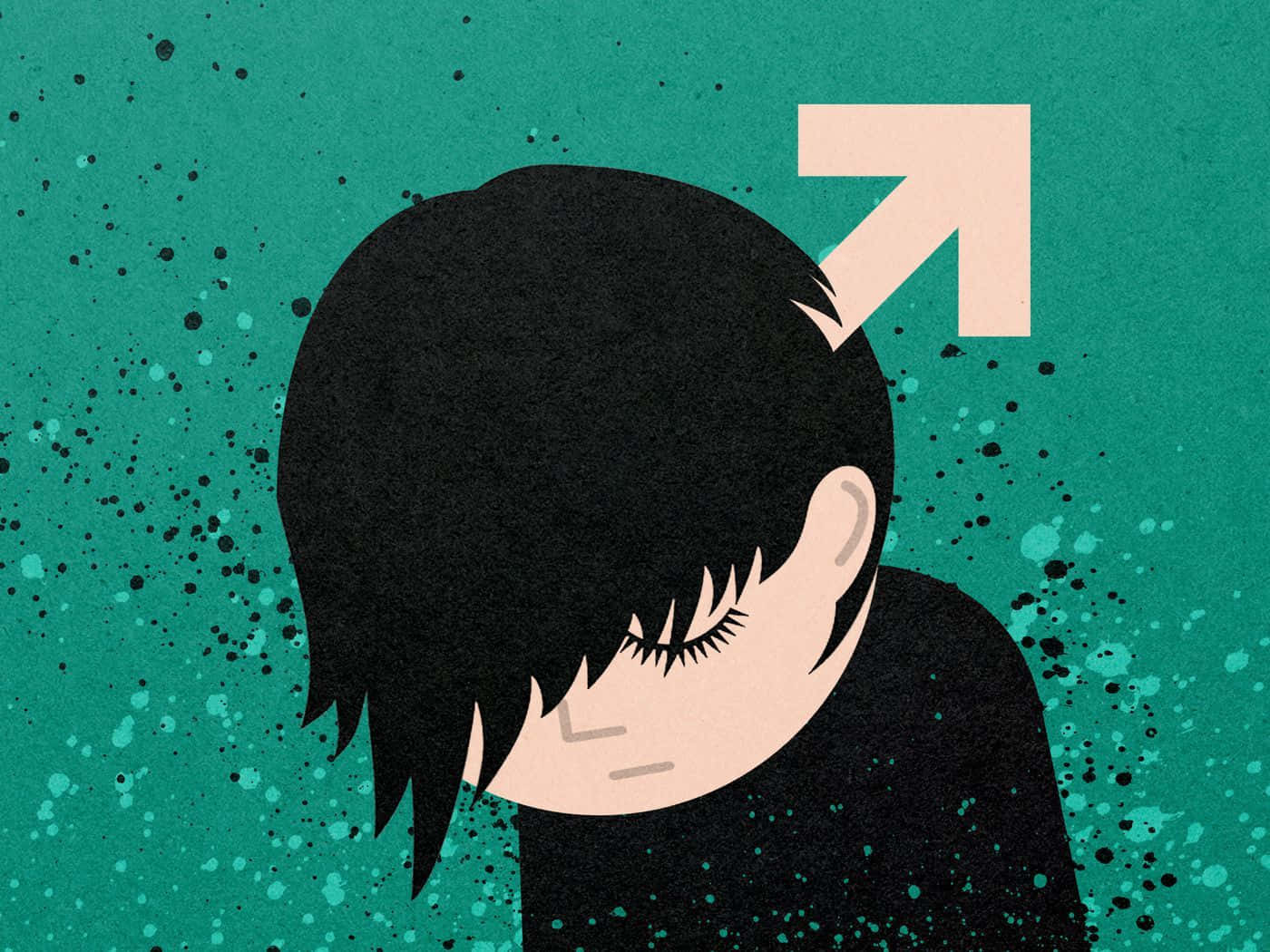 emo 桌布 壁紙 — 一個風格化的插圖人物，黑色頭髮，閉著眼睛，一個粉紅色箭頭從他們的頭部向上指，背景是藍綠色潑濺。
