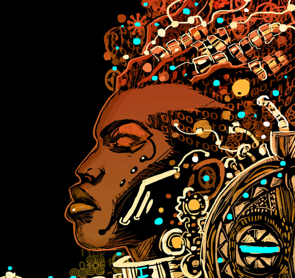 Afrofuturism 桌布 壁紙 — 一個風格化的插圖側面輪廓，人物頭部散發出複雜的金色和藍色電路與圖案，背景為黑色。