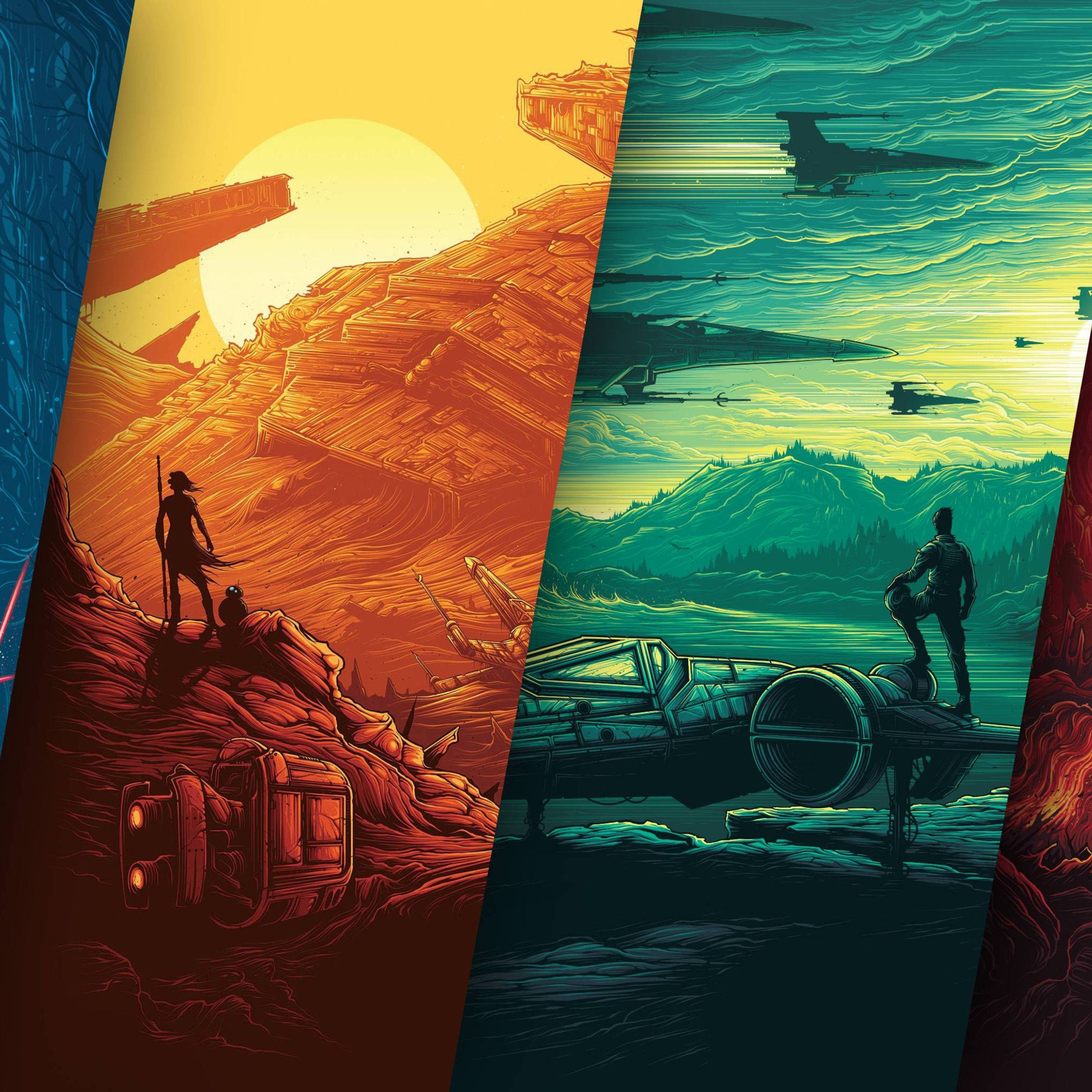 Star Wars iPad 桌布 壁紙 — 一個風格化的插圖分為三個場景：一個孤獨的人物在沙漠星球上，太陽下，一場星際戰鬥機在山脈上空戰鬥，以及一個駕駛員在陸地飛船上。