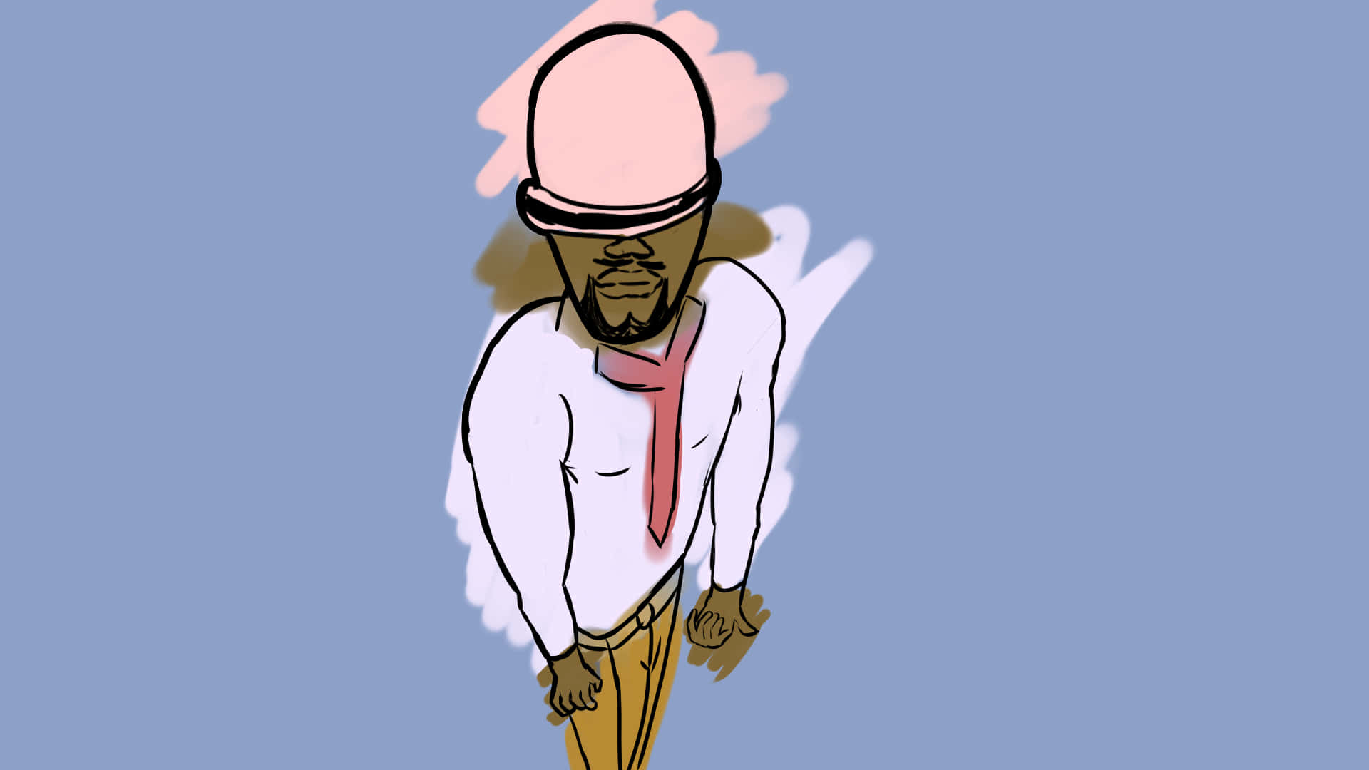 Dababy Cartoon 桌布 壁紙 — 一個風格化的插圖男子，身穿白襯衫和粉紅色領帶，站在帶有抽象雲狀形狀的柔和藍色背景前。