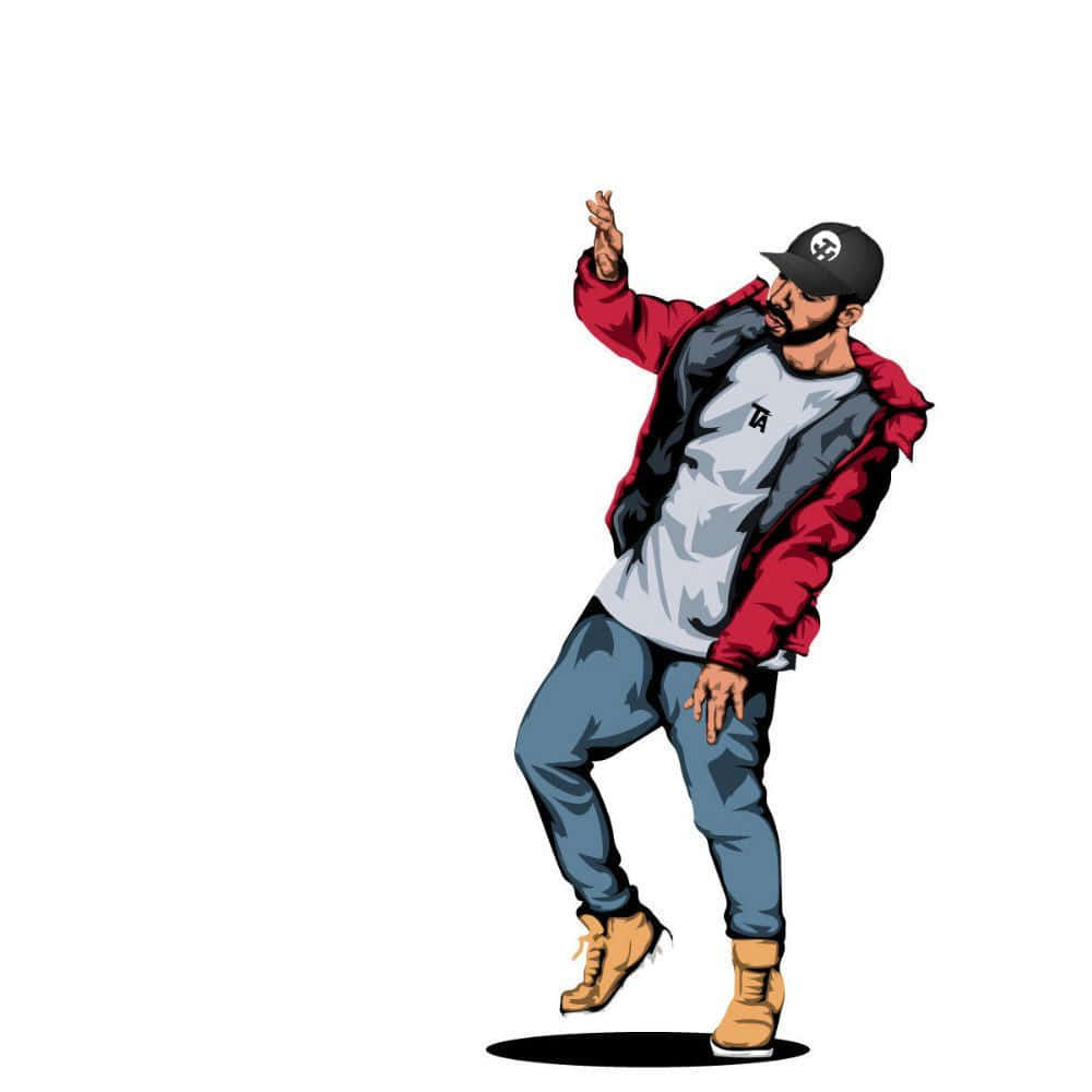 Rapper Cartoon 桌布 壁紙 — 一個風格化的插圖男子，身穿紅色外套和帽子，在純白色背景上擺出動感的舞蹈姿勢。