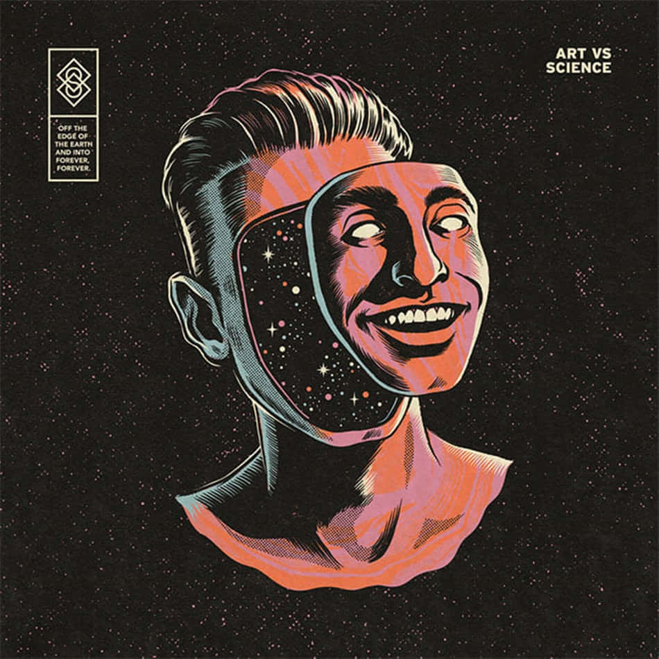 album 桌布 壁紙 — 一個風格化的插圖肖像，一個微笑的男人，他的臉被星際宇宙取代，背景是黑色斑點。