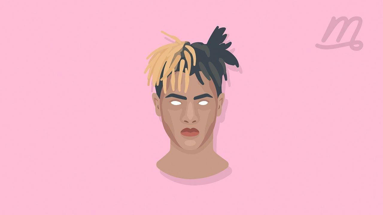 xxxtentacion 動畫 桌布 壁紙 — 一個風格化的插圖肖像，人物擁有雙色頭髮，背景為純粉紅色。
